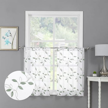Tollpiz Sage Green Leaf Sheer Tier Curtains Leaves Embroidered Kitchen Short Curtain Rod Pocket Voile Bathroom Curtains for Cafe, 30 x 24 inches Long, Set of 2 Panels | Short Curtain Leaves Embroidered Rod Pocket Voile Bathroom Window Treatment for Cafe,
