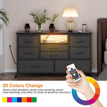 8-Drawer LED Dresser TV Stand with Power Outlet for 55'' TV - Wide Storage Chest for Bedroom, Living Room & Entryway, Wood Top Console Table with 22 Light Modes - color: Grey