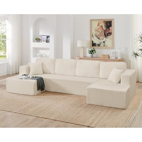 U shape Modular Sectional Sofa, Compressed Sectional Sofa Modern Minimalist Style Corduroy Couch, Sleeper Sofa for Living Room, Bedroom, Comfy Compressed Sofa Couch Space-Efficient Design-beige Mini