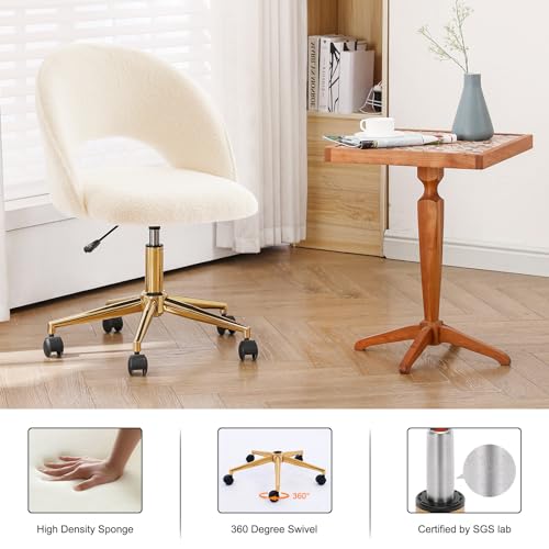 Furnimart Swivel Rolling Desk Chair, Adjustable Faux Fur Vanity Chair with Gold Legs, Cute Task Chair with Wheels for Living Room Bedroom Studying Small Places (Faux Fur White) - color: Faux Fur-white