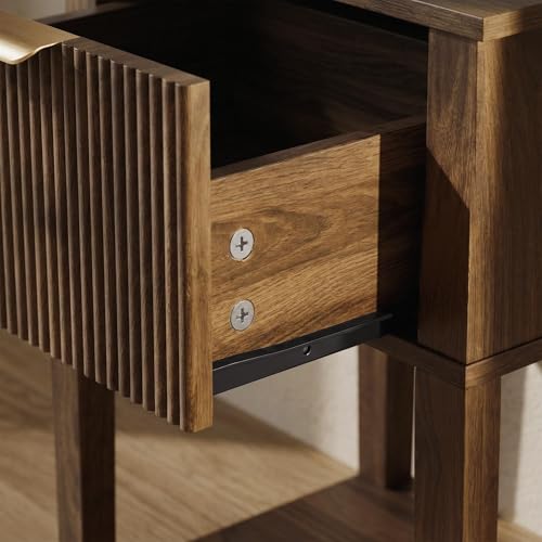 FuniXpress Small Nightstand, 15" Wide, Drawer and Shelf, Dark Walnut Fluted | Deep walnut tone, clean fluted front, 11.8-inch slim depth, smart storage, fits bedside, sofa side, or small spaces - color: Dark Walnut