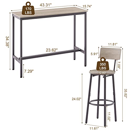 KIVENJAJA Bar Table and Chairs Set for 2, 3-Piece Small Rectangle Pub Bistro Table and PU Upholstered Stools with Backrest, Counter Height Dining Table Set for Kitchen Restaurant, Grey - color: Grey, size: 3pcs-Rectangular Table