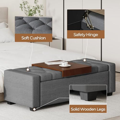 Storage Ottoman Bench with Tray,Large Entryway Ottoman with Storage, Rectangular Bench with Cushion and Safety Hinge for Living Room Bedroom - color: Darkgray With Tray