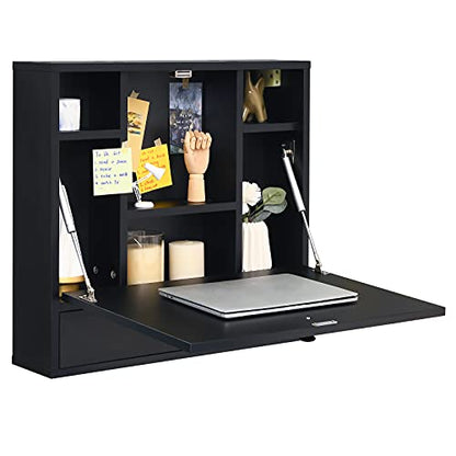 Tangkula Pneumatic Floating Desk - Wall Mounted Laptop Desk with Magnetic Foldable Tabletop, Space Saving Table with Storage Drawer and Shelves (Black) - color: Black