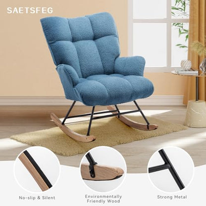 Rocking Chair Nursery Teddy Upholstered Glider Rocker Rocking Accent Chair Padded Seat with High Backrest Armchair Comfy Side Chair for Living Room Bedroom Offices (LightBlue Teddy) - color: Paleblue