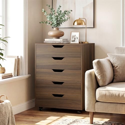 MAT EXPERT 5-Drawer Dresser, Mobile File Cabinet on Wheels, Wood Rolling Storage Drawers Under Desk, Chest of Drawers Home Room Organizer Furniture, Storage Cabinet for Study Office (Walnut) - color: Walnut