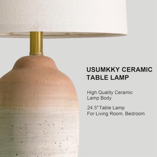 USumkky 24.5" Ceramic Table Lamp with 5FT Cord, Single Farmhouse Vintage Rustic Bedside Lamp for Living Room Bedroom Entryway, Linen Shade Nightstand End Table Decor (Bulb Not Included)-White&Brown - color: 24.5" White&Brown