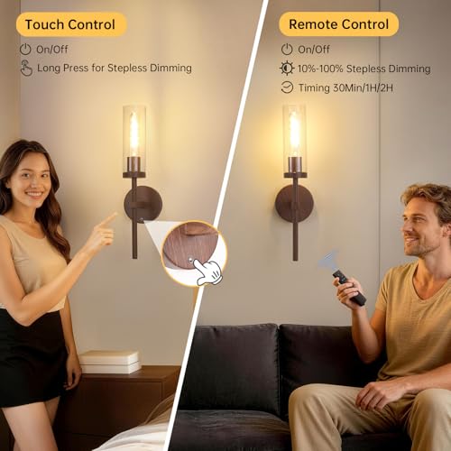 Shenmoyl Battery Operated Wall Sconces Set of 2, Walnut Color Rechargeable Wall Lighting Fixtures, Dimmable Wall Lights with Remote & Clear Glass Shade for Living Room, Bathroom,Bedroom - color: Walnut - Clear Glass