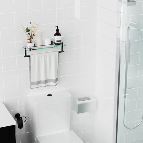 Bathroom Towel Rack with Tempered Glass Shelf 16 Inch, Matte Black Floating Wall Mount Storage - color: Matte Black, size: 16-inch with Railing