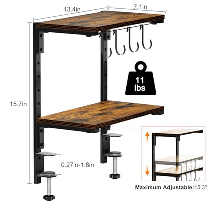 Clamp-On Desk Organizer Shelf, 13 inch Adjustable Height and Versatile Hook, Above or Below Desk 2-Tier Shelving, Shelving for Table Accessories, Gaming Devices, and More