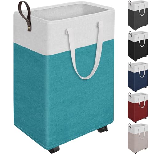 HomeHacks 90L Rolling Laundry Basket with 4 Wheels Collapsible Green | 4 Wheels, Waterproof PEVA Lining, Cotton Flax Fabric, Metal Frame, Bathroom Laundry Room Dorm Storage, Space-Saving Design - color: Green, size: 90l
