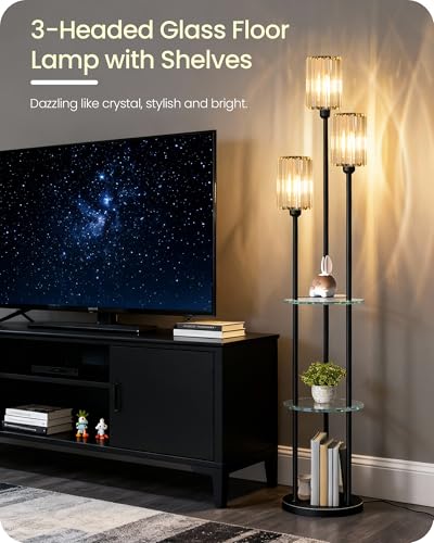 Black Floor Lamp with Shelves, Modern Floor Lamp with 3 Crystal Shades and Foot Switch, 3-Light Standing Lamp, for Living Room, Bedroom, Study, Office, Black B53LD05 - color: Black + Crystal Glass