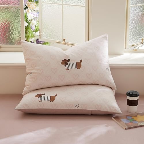 Dachshund Duvet Cover Queen Size Brown Dog Puppy White Pink Heart Reversible Comforter Cover Set 3 Pcs Kids Cute Soft Lightweight Microfiber Bedding Set with Zipper Closure and 2 Pillowcases - color: Dachshund Heart, size: Queen (1 Duvet Cover + 2 Pillowc