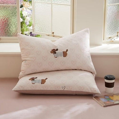 Dachshund Duvet Cover Queen Size Brown Dog Puppy White Pink Heart Reversible Comforter Cover Set 3 Pcs Kids Cute Soft Lightweight Microfiber Bedding Set with Zipper Closure and 2 Pillowcases - color: Dachshund Heart, size: Queen (1 Duvet Cover + 2 Pillowc