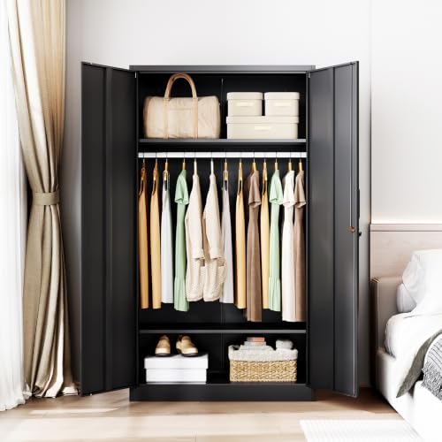 Metal Wardrobe Cabinets with Lock,Clothing Locker 72" X 36" X 18" Storage Cabinets for Home Room,Fire Department, School, Employee,Gym,Government (Black) - color: Black, size: 18"D x 36"W x 72"H