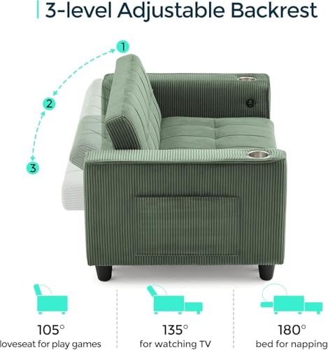 LINSY 54" Pull Out Couch with Charging Station - Sleeper Sofa Bed with Cup Holder, Small 3 in 1 Convertible Loveseat Sleeper Couch for Apartment, Dorm Room, Bedroom and Small Space(Olive Green) - color: Green