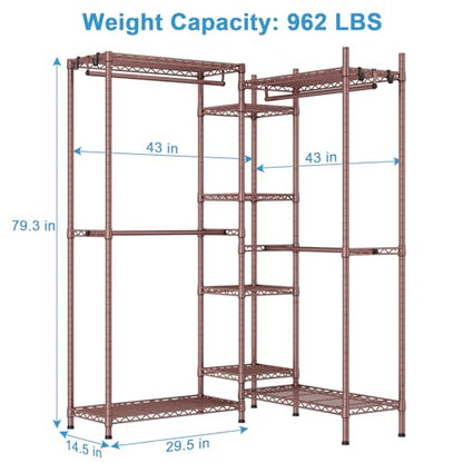 E4 Clothes Rack, Heavy-Duty Garment Rack Can Be L-Shaped Closet System | Bronze Metal Freestanding Clothing Organizer Storage System with Shelves and Hangers, Load 962lbs, 71.6"W x 14.5"D x 79.3"H - color: Bronze