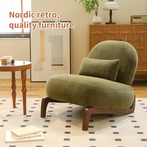Green Velvet Slippers Chair with Solid Wooden Legs, Low Profile Design | Cute Armless Accent Chair with Soft Cushion, Comfy Upholstered Side Chairs for Living Room, Bedroom, Balcony or Reading Room - color: Green
