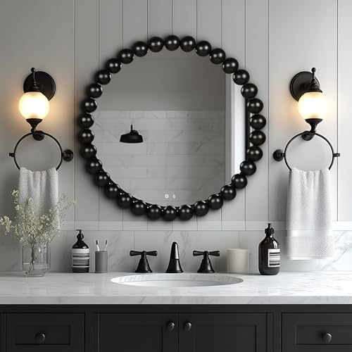 24 Inch Round Wall Mirror Black Decorative Wall Mirror with Wood Beads – Decorative Circle Beaded Mirror for Bathroom, Living Room, Entryway, Bedroom and Modern Farmhouse Wall Decor (Black) - color: Black