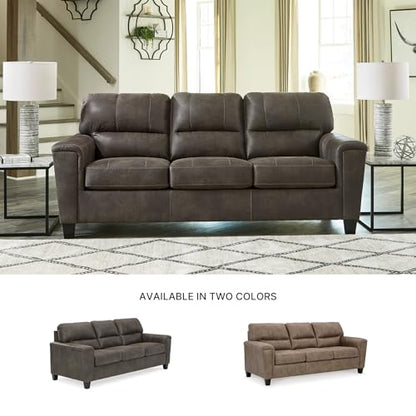 Signature Design by Ashley Navi Faux Leather Queen Sleeper Sofa Bed, Gray | Warm-feel weathered polyester blend, Space-saving pull-out design for multi-use rooms, Supportive attached cushion back - color: Grey, style: Sleeper