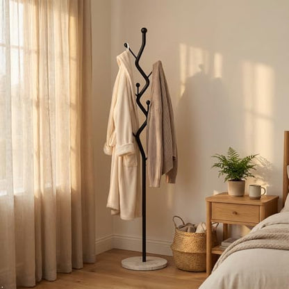 Black Tree Meta Coat Rack with Marble Base Freestanding Hall Tree | Multi-Hook Entryway Organizer for Hallway, Bedroom, Living Room (Black) - color: Black