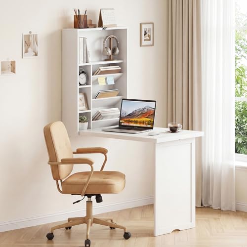 Giantex Wall Mounted Desk, Foldable Convertible Computer Desk with Storage Shelves, Space Saving Fold Out Table, Folding Floating Writing Desk for Small Spaces, Home Office, Bedroom, Apartment (White) - color: White