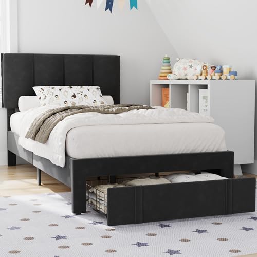 VECELO Twin Size Bed Frame with Storage Drawer, Heavy-Duty Platform Bedframe with Headboard & Strong Wooden Slats Support, No Box Spring Needed, Black - color: Black, size: Twin, style: Bed Frame With Drawers