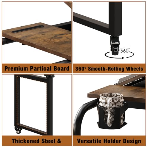 GiftGo Overbed Table with Wheels Rolling Laptop Desk Cart Table for Recliner Over Chair Adjustable for Hospital and Home Use Over The Bed Table with Storage Drawer and Cup Holder (Rustic Brown) - color: Rustic Brown