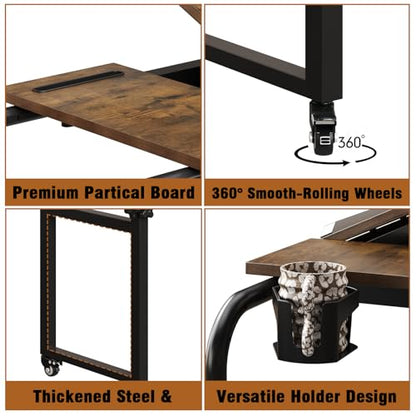 GiftGo Overbed Table with Wheels Rolling Laptop Desk Cart Table for Recliner Over Chair Adjustable for Hospital and Home Use Over The Bed Table with Storage Drawer and Cup Holder (Rustic Brown) - color: Rustic Brown