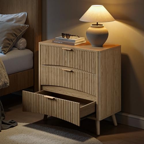 Evermagin 31.5" W Oversized Large Fluted Nightstands Set of 2 | 3 Drawers Light Wood Night Stand Bedside Table, Mid Century Modern Small Dresser for Bedroom, livingroom, Natural Oak - color: Oak, size: 15.78"D x 31.5"W x 29.35"H (3 Drawers)