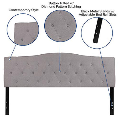 EMMA + OLIVER Arched Button Tufted King Size Headboard in Light Gray Fabric - color: Light Gray, size: King