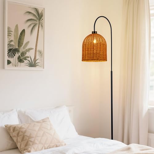 MAYNA Black Arc Floor Lamp with Handwoven Rattan Shades | Standing Reading Light, Tall Boho Mid-Century Lamp for Living Room Bedroom Coastal Rustic Decor, Bulb Included - color: Black 1 light