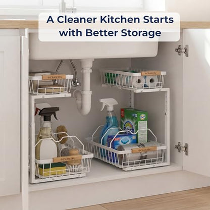 Under Sink Organizer with Motion-Activated LED Lights, 2 Pack, 2 Tier Sliding L-Shaped Carbon Steel Rack with Adjustable Height, Dividers & Hooks (White) - color: White