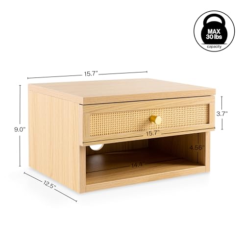 JONATHAN Y Celerie 15.7" Rattan Floating Nightstand, Light Oak | Soft-Close Storage Drawer, Wall Mounted Side Table, Built-In Cable Hole, Open Shelf Cubby, Mid-Century Modern Bohemian - color: Light Oak, size: Set of 1, style: Celerie