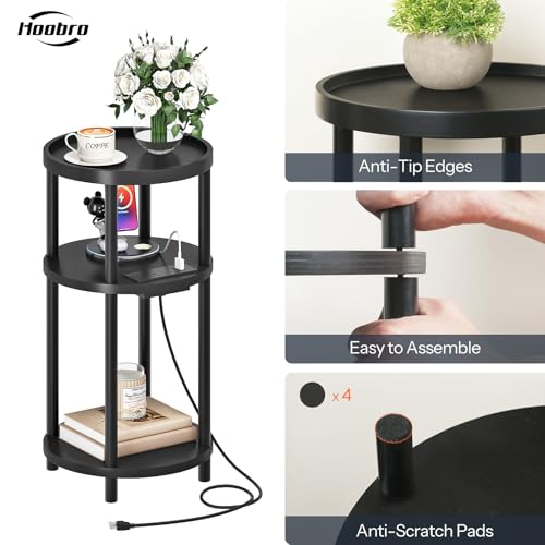 HOOBRO Small Round Side Table with Charging Station, 3-Tier Round Bamboo End Table, Compact Sofa Bedside Table for Small Space, Easy Assembly, for Living Room, Bedroom, Apartment, Black BB152UBZ01 - color: Black