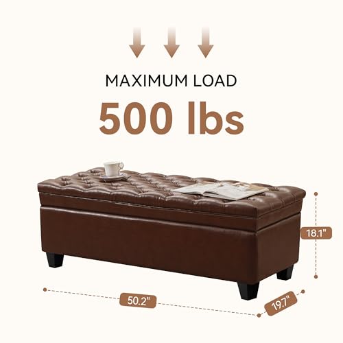 50" Faux Leather Storage Ottoman Bench, Rectangular End of Storage Bench, Upholstered Large Tufted Ottoman with Storage for Living Room, Bedroom, Entryway,Light Brown - color: Leather Light Brown
