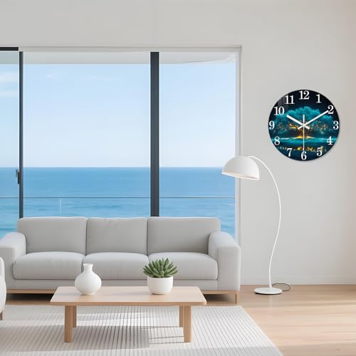 XNM Teal Tree of Life Glass Wall Clock Battery Operated 14 Inch | Modern Decorative Wall Clock Natural Landscape Silent Wall Clock for Kitchen Living Room Bedroom Decor - color: Teal 15, size: 14 Inch