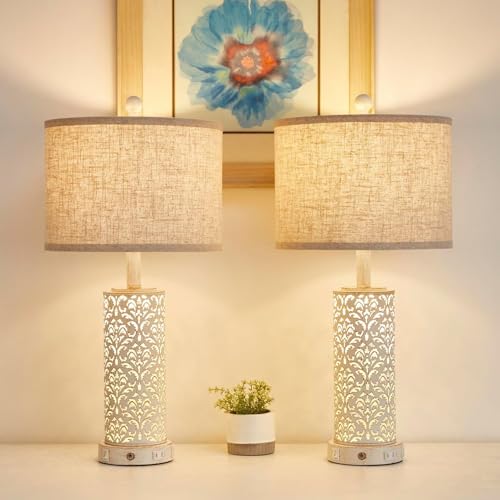SAIWEYA 26" Set of 2 Farmhouse Table Lamp for Bedroom, Dimmable Touch | 3 Way Dimmable, 2 USB Ports + AC Outlet Bedside Lamp for Nightstand, LED Bulb Included, Fabric Shade, Flower Metal Body - color: White-26in