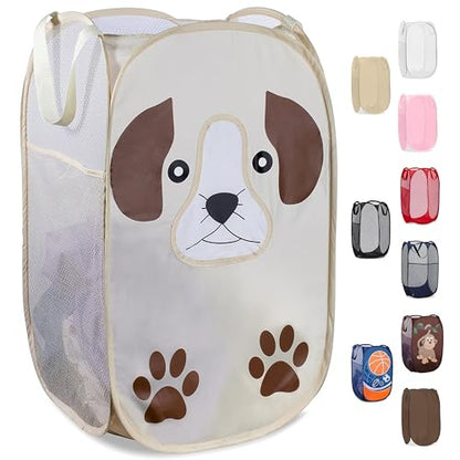Pop Up Laundry Hamper, Cute Puppy 71L Collapsible Mesh Basket with Handles | Collapsible Mesh Pop Up Hamper, Wide Opening, Side Pocket, Breathable, Sturdy, Foldable, Space-Saving for Clothes Storage - color: Puppy