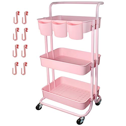3 Tier Utility Rolling Cart Multifunction Organizer Shelf Storage Cart with 3 Pieces Cups and 8 Pieces Hooks for Home Kitchen Bathroom Laundry Room Office Store etc. (Pink) - color: Pink