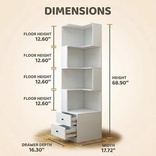 4 Tier Corner Bookshelf with Drawers, L Shaped Freestanding Corner Bookcase with LED Lights and Baffle, Space Saving Display Shelf for Living Room, Bedroom, Home Office, Kitchen(White) - style: White-with drawers