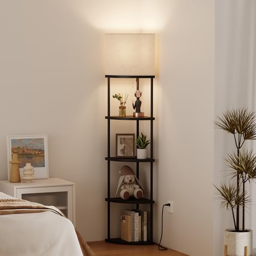 Qupui Floor Lamp with Shelves, 61.5" 5-Tier, 3-Color LED, Black | Fabric Shade With Soft Cozy Light. 3 Color Temperatures 12W LED. 5 Tiers, 22 Lbs Each. Durable Composite Panels, Metal Frame - color: 5-Tier Black