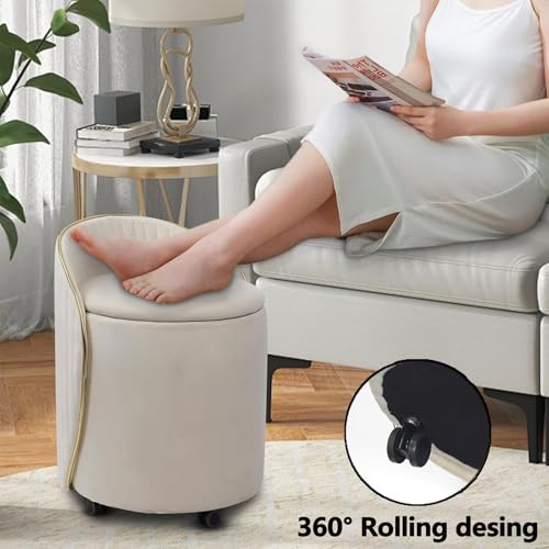 Round Storage Ottoman, Upholstered Velvet Vanity Stool with Lumbar Support, Swivel Rolling Wheels, Small Foot Stools Coffee Table Padded Seat for Makeup Room, Living Room, Bedroom Beige - color: Beige