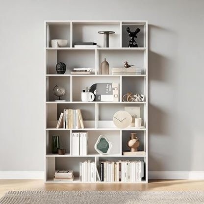 Garvee 6-Tier Bookshelf, Tall Geometric Bookcase, Modern Room Divider & Display Shelf with Anti-Tipping Devices, Mid Century Bookshelf for Living Room - color: White, style: 6-tier