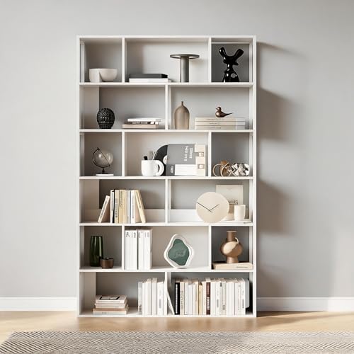 Garvee 6-Tier Bookshelf, Tall Geometric Bookcase, Modern Room Divider & Display Shelf with Anti-Tipping Devices, Mid Century Bookshelf for Living Room - color: White, style: 6-tier