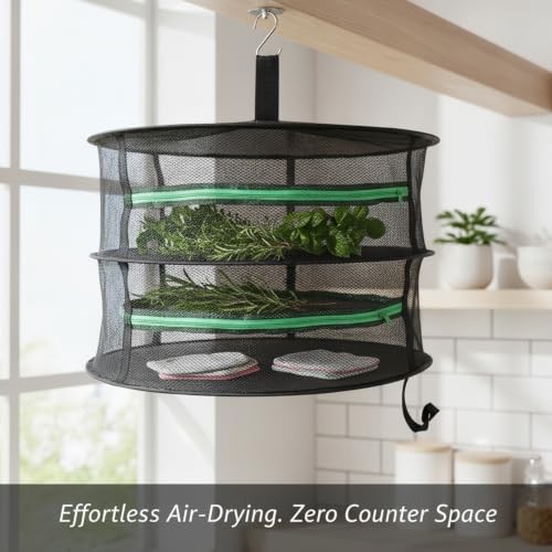 Collapsible Hanging Dryer with Zippered Mesh Layers, Space-Saving Foldable Air Drying Rack for Kitchen, Balcony, and Laundry (Black) - size: 23.62 x 23.62 x 21.65 in