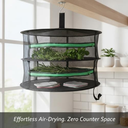 Collapsible Hanging Dryer with Zippered Mesh Layers, Space-Saving Foldable Air Drying Rack for Kitchen, Balcony, and Laundry (Black) - size: 23.62 x 23.62 x 21.65 in
