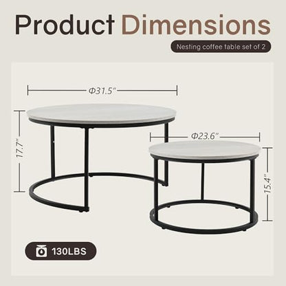 Otterease Nesting Tables Set of 2, Small Round Coffee Table for Living Room | Nesting Coffee Table with Adjustable Non-Slip Feet, Wood Grain Top Nesting Table for Living Room, Bedroom (Wood Grain Grey) - color: 31.5" Wood Grain Grey
