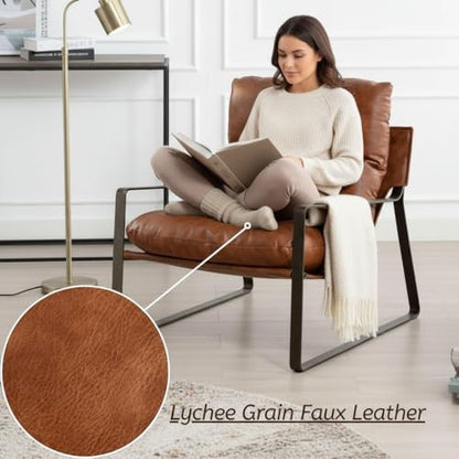 LukeAlon Modern PU Leather Accent Armchair, Brown | Pu Leather Upholstered Living Room Chair With Brass Frame & Thickened Cushion, Comfy Single Lounge Sofa for Bedroom, Office - color: Brown-lychee Grain