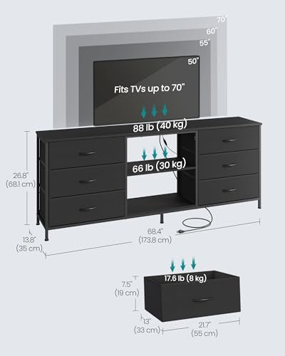 SONGMICS BELLAH Collection - TV Stand for TVs Up to 70 Inches, Dresser for Bedroom, Living Room, Chest of Drawers, Steel, 6 Drawers and 2 Shelves, Modern, Ink Black ULGS232B101S - color: Ink Black, size: 13.8"D x 68.4"W x 26.8"H (6 Drawers)